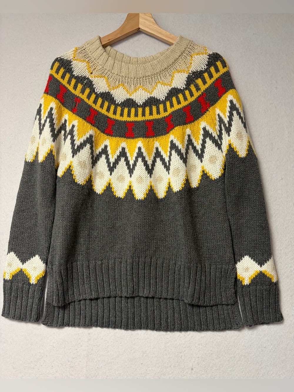 Aerie Fair Isle Nordic Chunky Knit Sweater Gray Cream Yellow Red Size Small NWOT